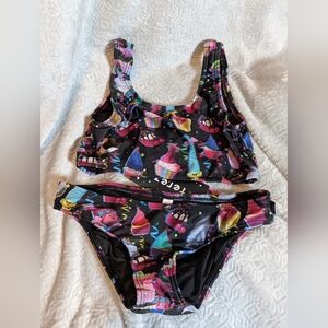 Terez Kids Swimsuit Bikini 2 Piece -Trolls Black with Colorful Cupcake Print